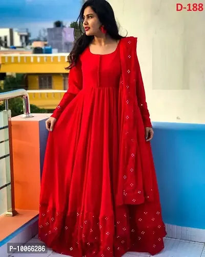 Attractive Georgette Red Embroidered Flared Gown With Dupatta For Women