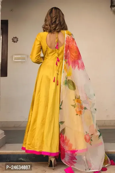 Beautiful Anarkali Yellow Embroidered Taffeta Silk Kurta Pant with Dupatta For Women-thumb4