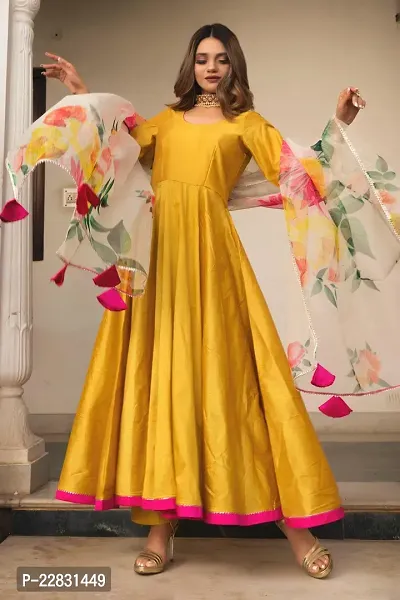 Stylish Yellow Woven Design Taffeta Silk Gown with Bottom And Dupatta Set For Women