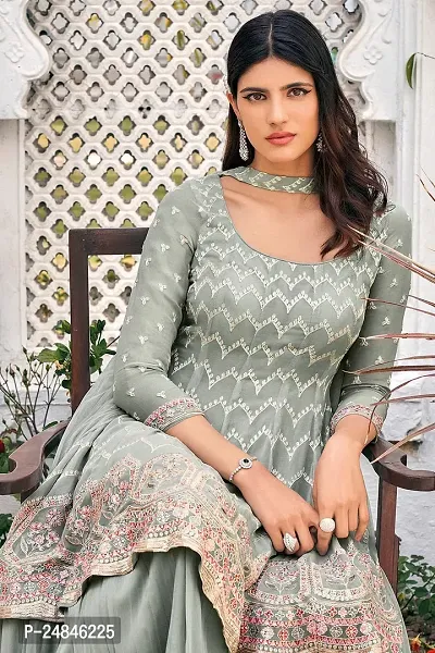 Beautiful Grey Embroidered Georgette Kurta, Bottom and Dupatta Set-thumb2