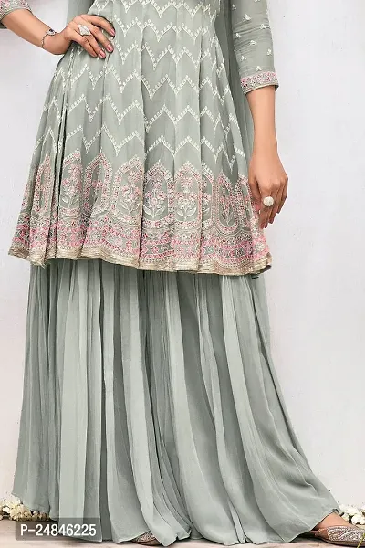 Beautiful Grey Embroidered Georgette Kurta, Bottom and Dupatta Set-thumb4