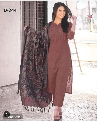 Stylish Brown Cotton Kurta, Bottom and Dupatta Set For Women