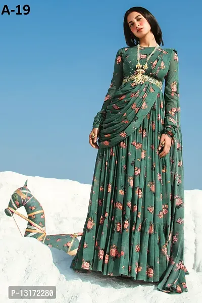 Attractive Indo-western Green Printed Georgette Gown With Dupatta For Women-thumb2