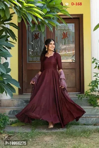 Attractive Taffeta Silk Maroon Solid Flared Gown With Dupatta For Women