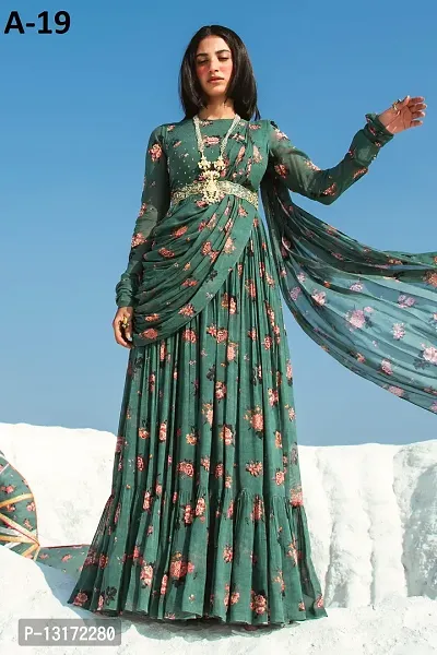 Attractive Indo-western Green Printed Georgette Gown With Dupatta For Women-thumb0