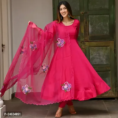 Beautiful Anarkali Pink Embroidered Taffeta Silk Kurta Pant with Dupatta For Women