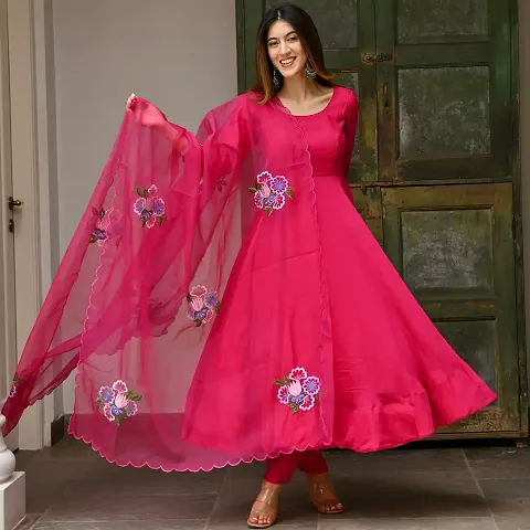 Beautiful Anarkali Embroidered Taffeta Silk Kurta Pant with Dupatta