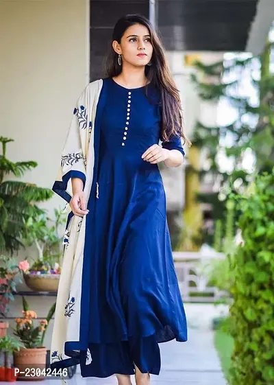 Attractive Blue Rayon Solid A-Line Kurta Pant With Dupatta For Women-thumb0