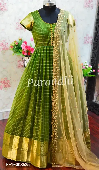 Stylish Fancy Chanderi Silk Woven Design Ethnic Gown With Dupatta For Women-thumb0
