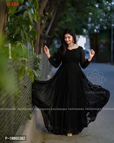 Attractive Georgette Black Solid Flared Gown For Women