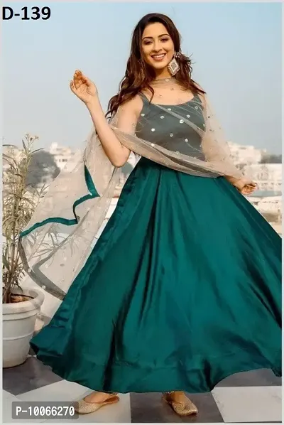 Attractive Taffeta Silk Green Embroidered Flared Gown With Dupatta For Women