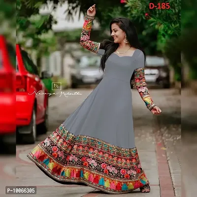 Attractive Georgette Grey Printed Flared Gown For Women-thumb0