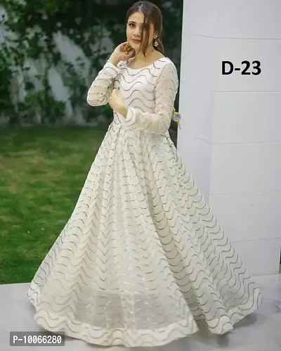 Attractive Georgette White Self Design Flared Gown For Women