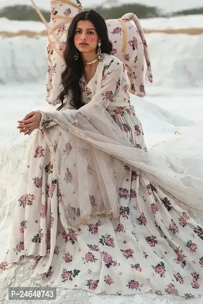 Indo-western White Floral Print Georgette Gown With Dupatta-thumb2