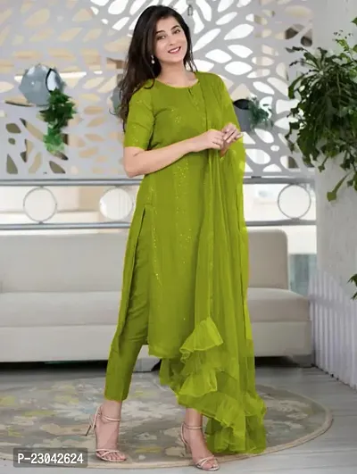 Attractive Green Cotton Solid A-Line Kurta Pant Set For Women-thumb3