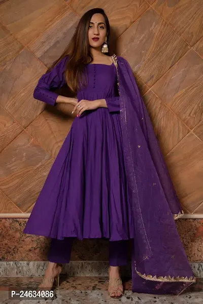 Beautiful Anarkali Purple Embroidered Taffeta Silk Kurta Pant with Dupatta For Women