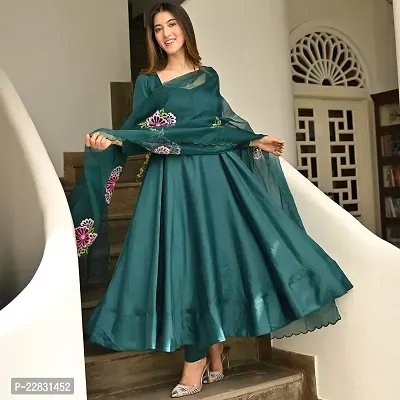Stylish Green Woven Design Taffeta Silk Gown with Bottom And Dupatta Set For Women