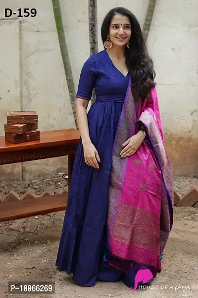 Attractive Taffeta Silk Blue Solid Flared Gown With Dupatta For Women