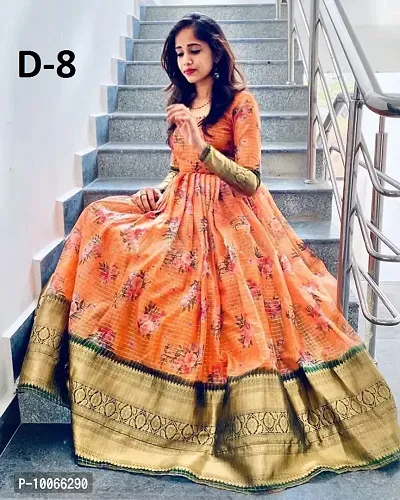 Attractive Chanderi Silk Orange Printed Flared Gown For Women-thumb0