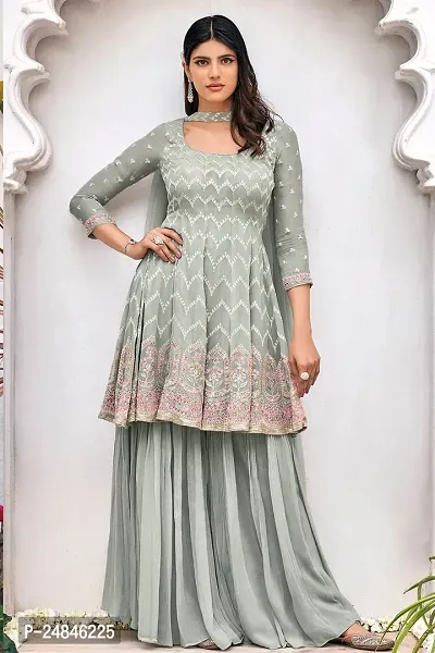 Beautiful Grey Embroidered Georgette Kurta, Bottom and Dupatta Set-thumb0