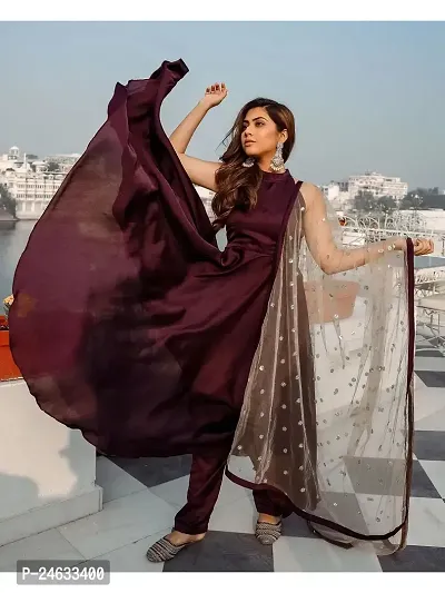 Trendy Maroon Taffeta Silk Gown With Dupatta For Women-thumb0