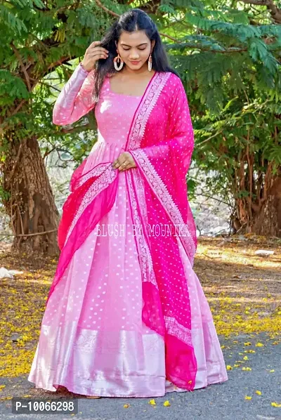 Attractive Jacquard Pink Self Design Flared Gown With Dupatta For Women-thumb0