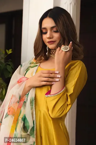 Beautiful Anarkali Yellow Embroidered Taffeta Silk Kurta Pant with Dupatta For Women-thumb3
