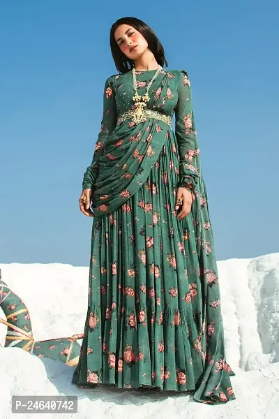 Indo-western Green Floral Print Georgette Gown-thumb0