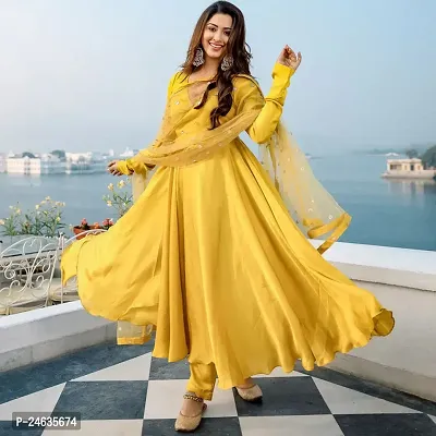 Beautiful Yellow Solid Taffeta Silk Gown With Bottom And Dupatta