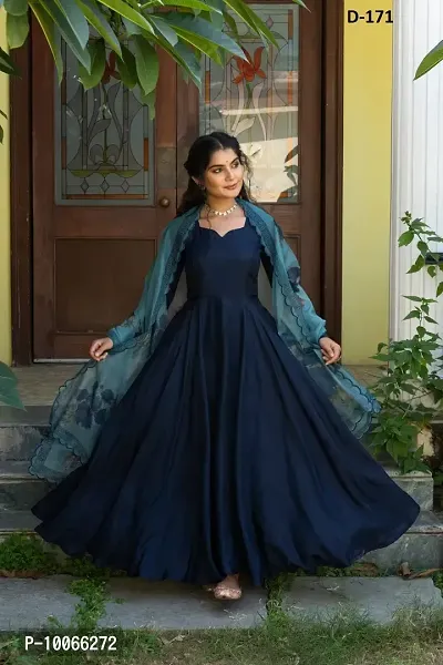 Attractive Taffeta Silk Blue Solid Flared Gown With Dupatta For Women-thumb0