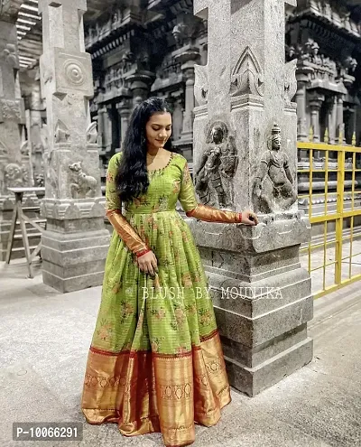 Attractive Chanderi Silk Green Printed Flared Gown For Women