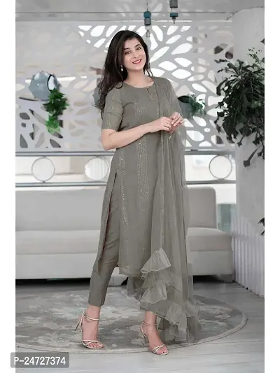 Stylish Grey Cotton Kurta, Bottom and Dupatta Set For Women-thumb3