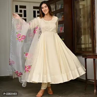 Stylish Cream Woven Design Taffeta Silk Gown with Bottom And Dupatta Set For Women