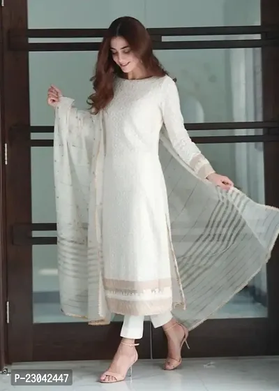 Attractive White Rayon Solid A-Line Kurta Pant With Dupatta For Women-thumb0