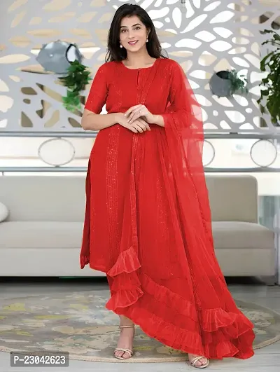 Attractive Red Cotton Solid A-Line Kurta Pant Set For Women