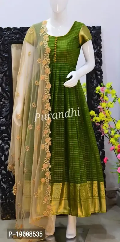 Stylish Fancy Chanderi Silk Woven Design Ethnic Gown With Dupatta For Women-thumb2