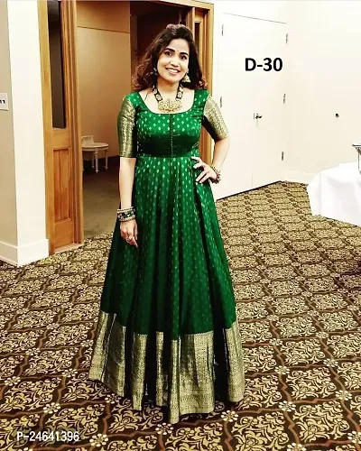 Stylish Green Taffeta Silk Woven Design Indo-western Gown For Women