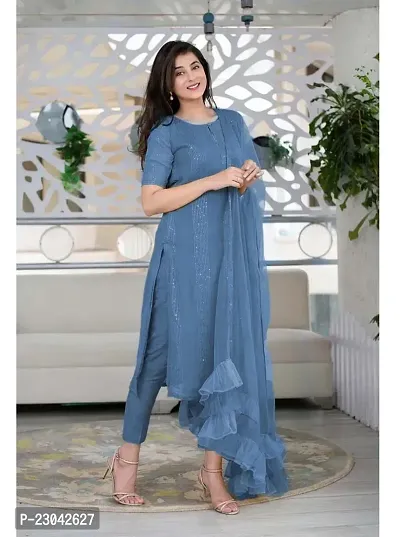 Attractive Blue Cotton Solid A-Line Kurta Pant Set For Women