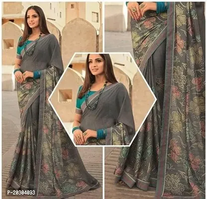 Alluring Grey Georgette Printed Saree with Blouse piece