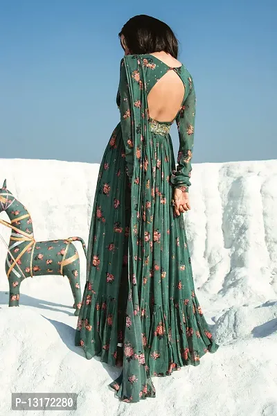 Attractive Indo-western Green Printed Georgette Gown With Dupatta For Women-thumb3