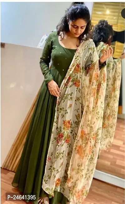 Stylish Green Muslin Embellished Indo-western Gown With Dupatta For Women-thumb0