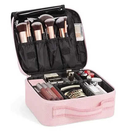 Nylon Makeup Organizer Bag for Women, Girls  Bride - Travel Cosmetic Kit Storage Organiser - Toiletry Vanity Box with Adjustable Compartment, 26l x 23b x 9h cm (Rose Gold)