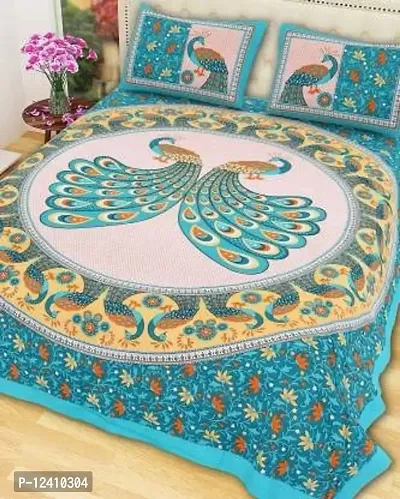 Threads&Treads Rajasthani Jaipuri Traditional Sanganeri Printed 144 TC 100% Cotton Double Bed Bedsheet with 2 Pillow Covers (Blue-Peacock Printed)