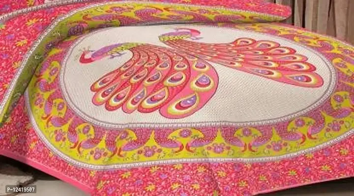 Threads&Treads Rajasthani Jaipuri Traditional Sanganeri Printed 144 TC 100% Cotton Double Bed Bedsheet with 2 Pillow Covers (Pink-Peacock Printed)