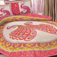 Threads&Treads Rajasthani Jaipuri Traditional Sanganeri Printed 144 TC 100% Cotton Double Bed Bedsheet with 2 Pillow Covers (Pink-Peacock Printed)-thumb2