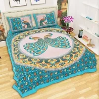 Threads&Treads Rajasthani Jaipuri Traditional Sanganeri Printed 144 TC 100% Cotton Double Bed Bedsheet with 2 Pillow Covers (Blue-Peacock Printed)-thumb3