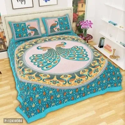 Threads&Treads Rajasthani Jaipuri Traditional Sanganeri Printed 144 TC 100% Cotton Double Bed Bedsheet with 2 Pillow Covers (Blue-Peacock Printed)-thumb4