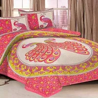 Threads&Treads Rajasthani Jaipuri Traditional Sanganeri Printed 144 TC 100% Cotton Double Bed Bedsheet with 2 Pillow Covers (Pink-Peacock Printed)-thumb3