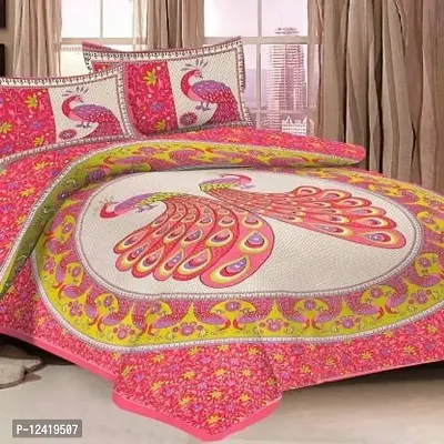 Threads&Treads Rajasthani Jaipuri Traditional Sanganeri Printed 144 TC 100% Cotton Double Bed Bedsheet with 2 Pillow Covers (Pink-Peacock Printed)-thumb4