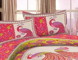 Threads&Treads Rajasthani Jaipuri Traditional Sanganeri Printed 144 TC 100% Cotton Double Bed Bedsheet with 2 Pillow Covers (Pink-Peacock Printed)-thumb1